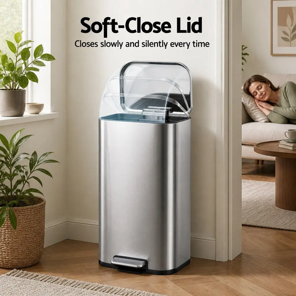 Pedal Bin Silver 40L Steel Soft Close Lid Removable Bucket