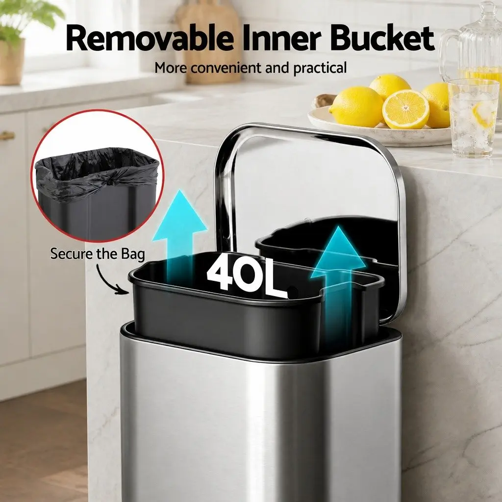 Pedal Bin Silver 40L Steel Soft Close Lid Removable Bucket