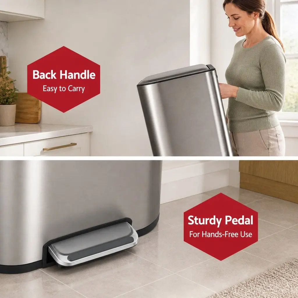 Pedal Bin Silver 40L Steel Soft Close Lid Removable Bucket