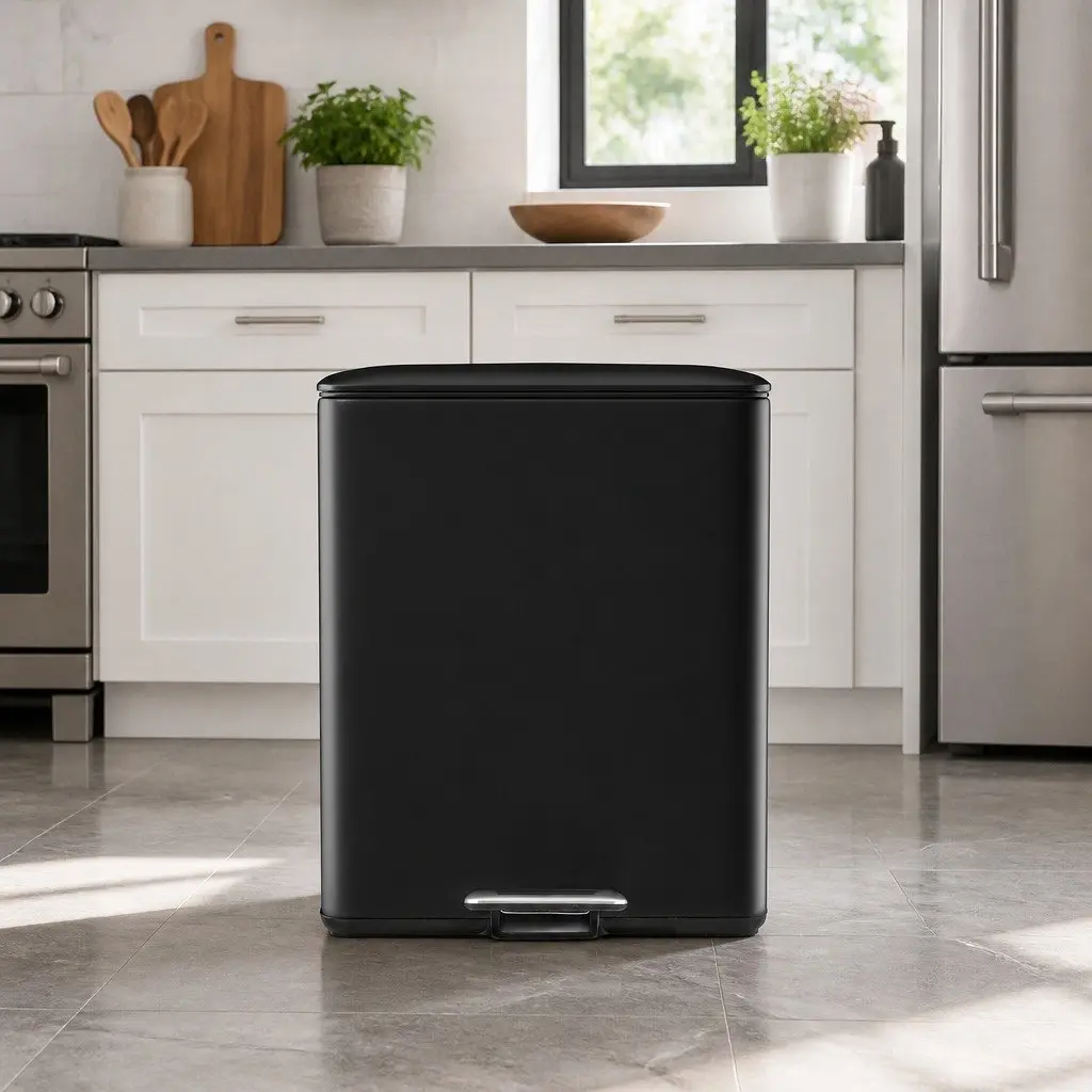 Pedal Bin Black 40L Dual Compartment Soft Closing Stainless Steel Kitchen Dustbin