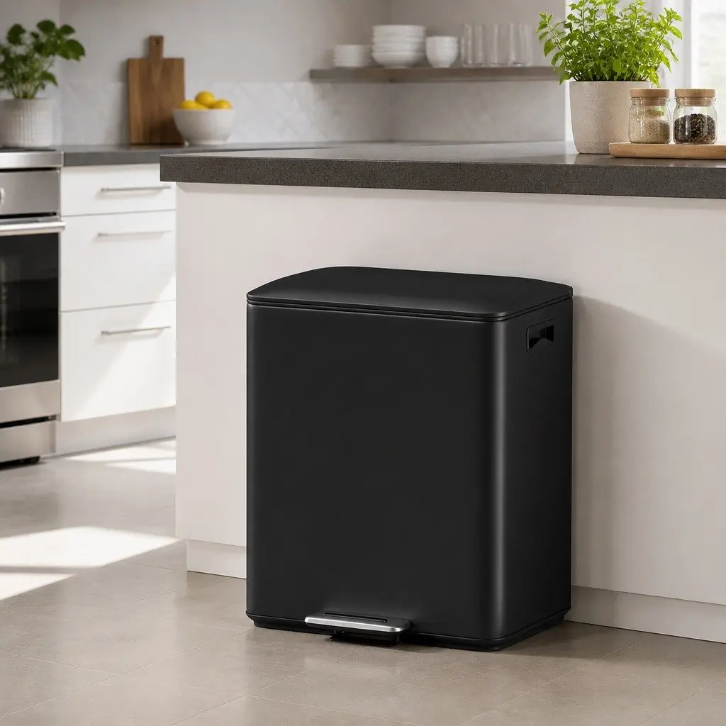 Pedal Bin Black 40L Dual Compartment Soft Closing Stainless Steel Kitchen Dustbin