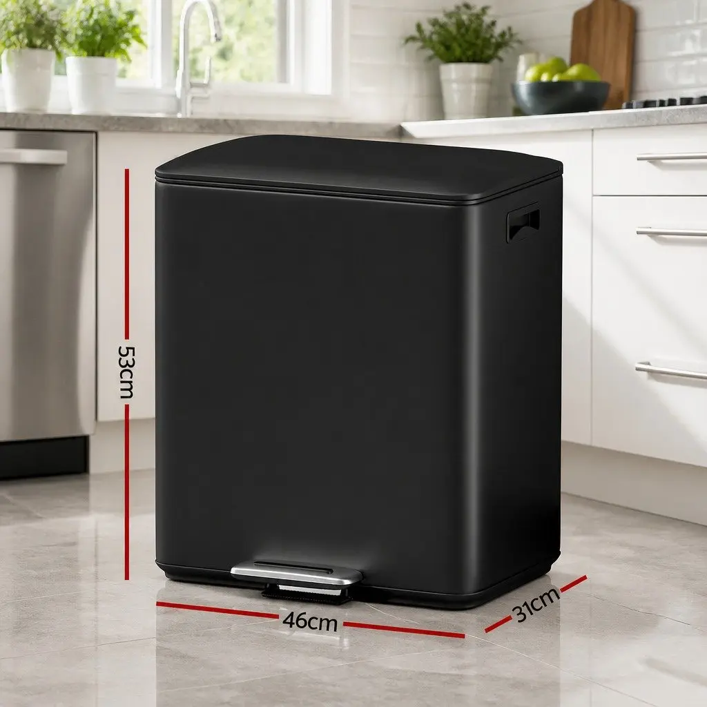 Pedal Bin Black 40L Dual Compartment Soft Closing Stainless Steel Kitchen Dustbin