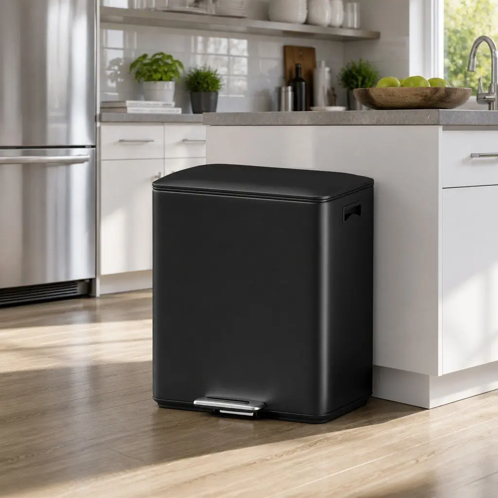 Pedal Bin Black 40L Dual Compartment Soft Closing Stainless Steel Kitchen Dustbin