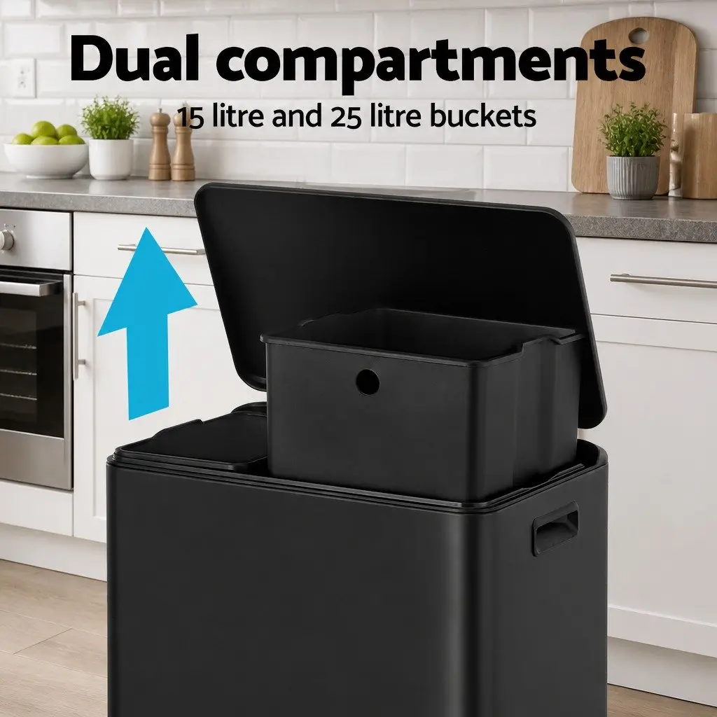Pedal Bin Black 40L Dual Compartment Soft Closing Stainless Steel Kitchen Dustbin