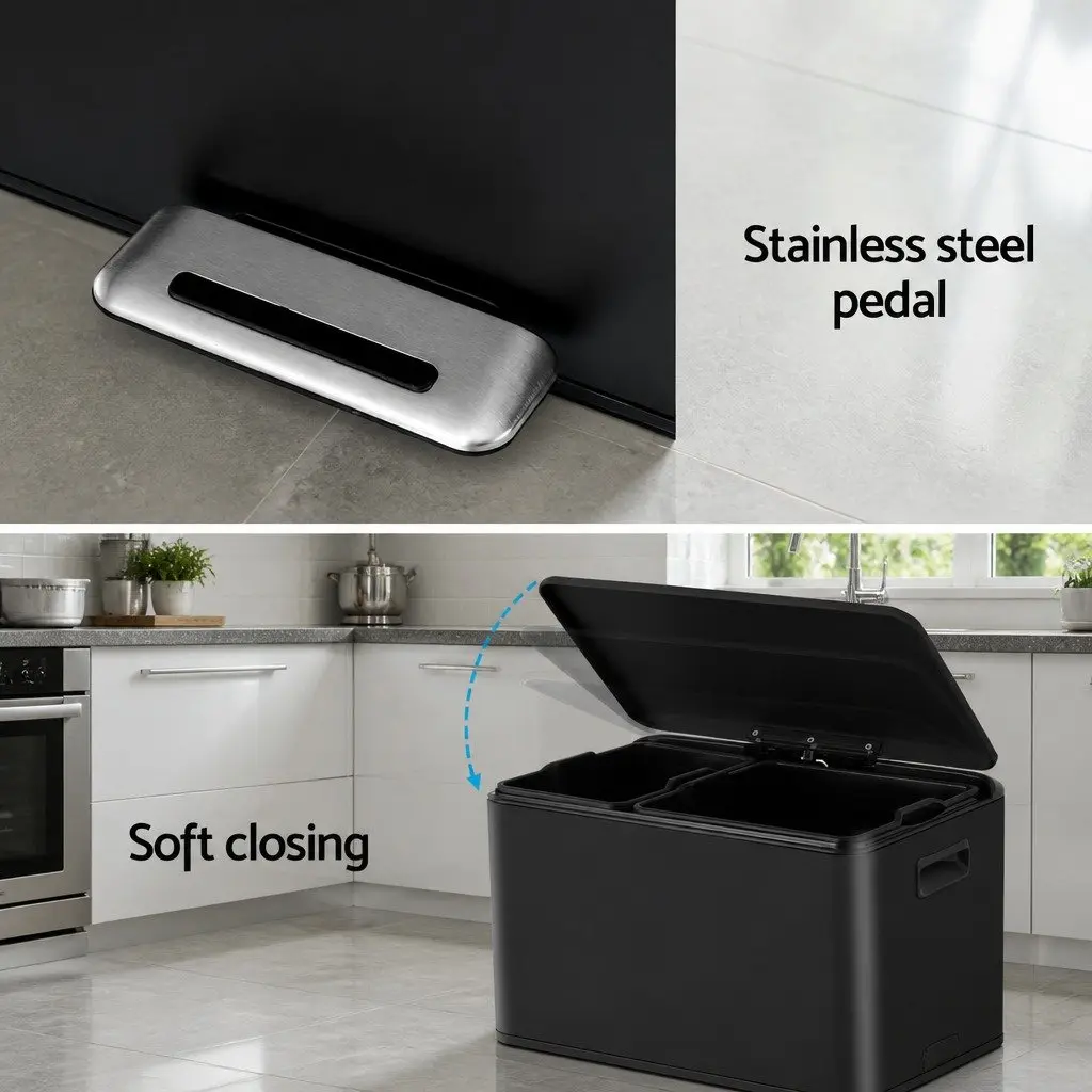Pedal Bin Black 40L Dual Compartment Soft Closing Stainless Steel Kitchen Dustbin