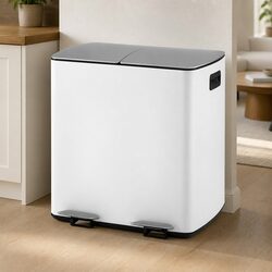 Pedal Bin Dual Compartment Waste Recycle Dustbin 40L White Kitchen Rubbish