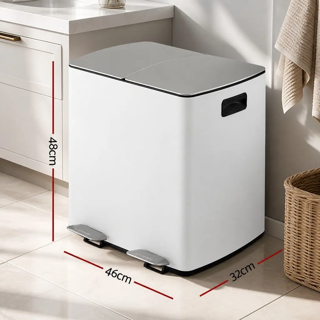 Pedal Bin Dual Compartment Waste Recycle Dustbin 40L White Kitchen Rubbish