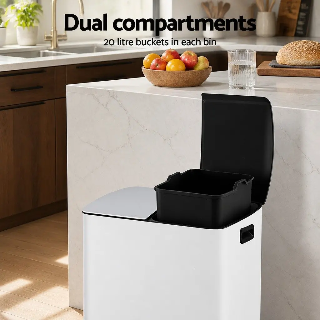 Pedal Bin Dual Compartment Waste Recycle Dustbin 40L White Kitchen Rubbish