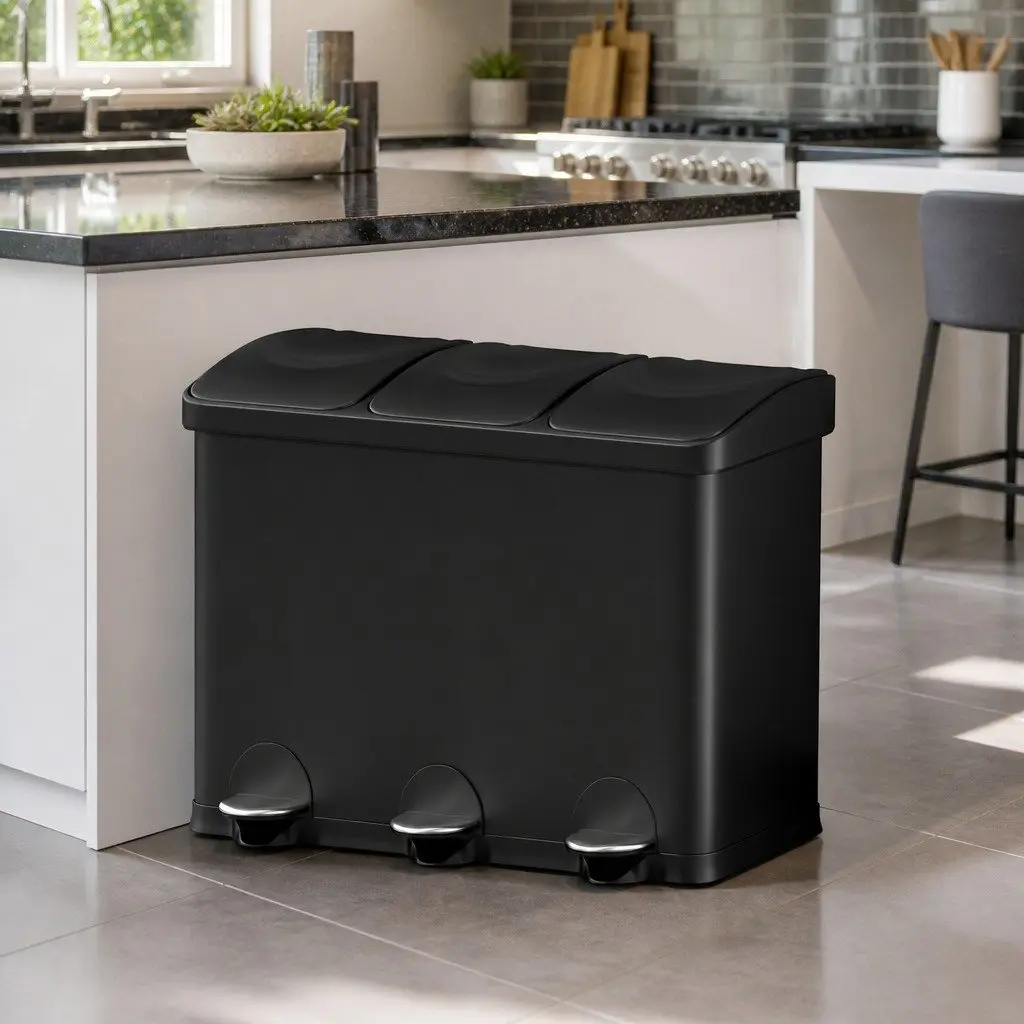 Pedal Bins Black 45L Triple Compartments Soft Close