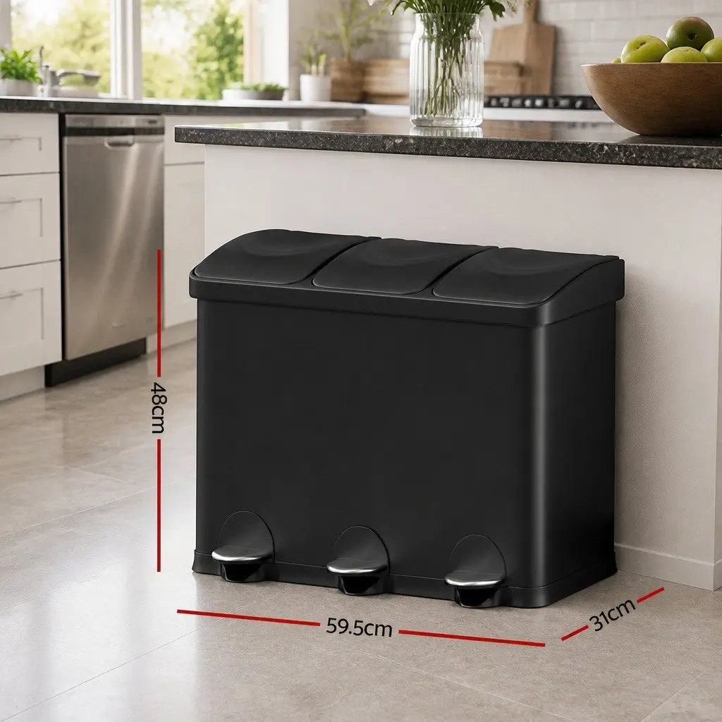 Pedal Bins Black 45L Triple Compartments Soft Close