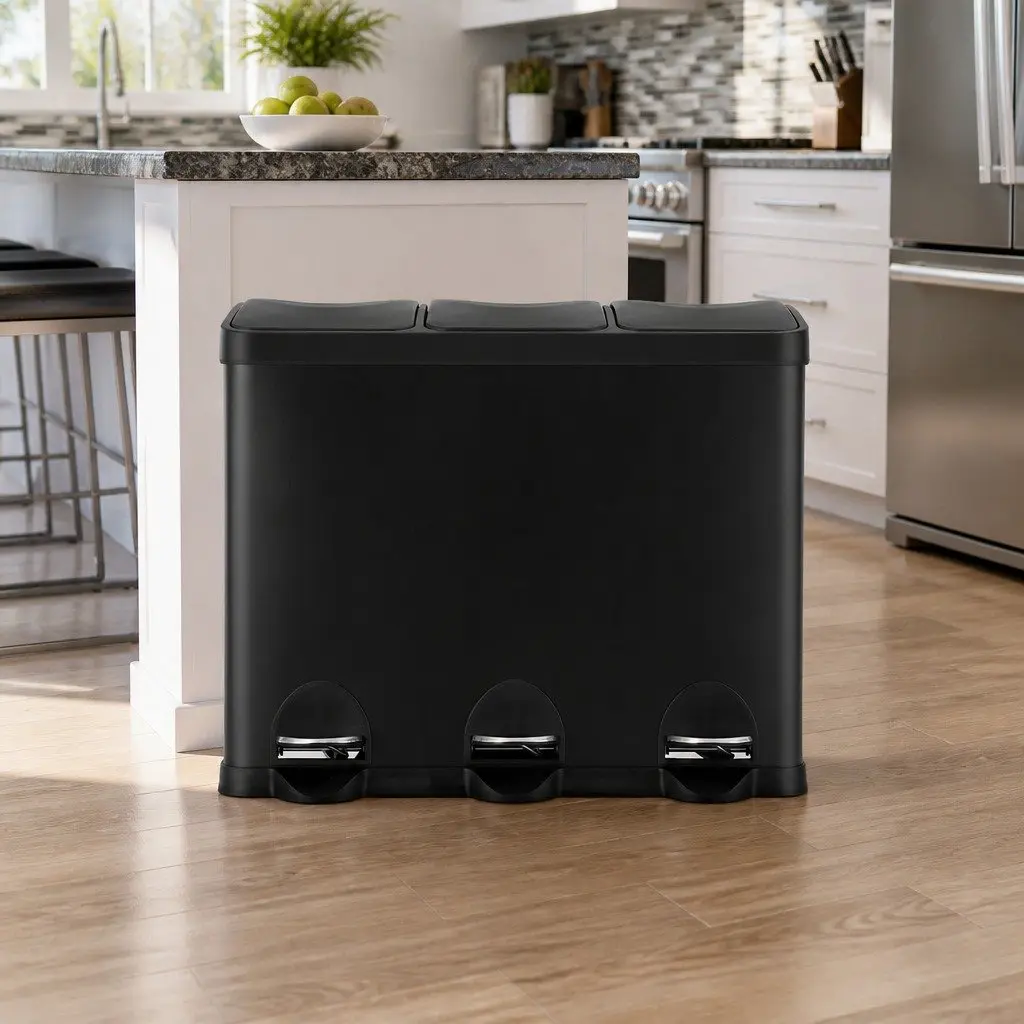 Pedal Bins Black 45L Triple Compartments Soft Close