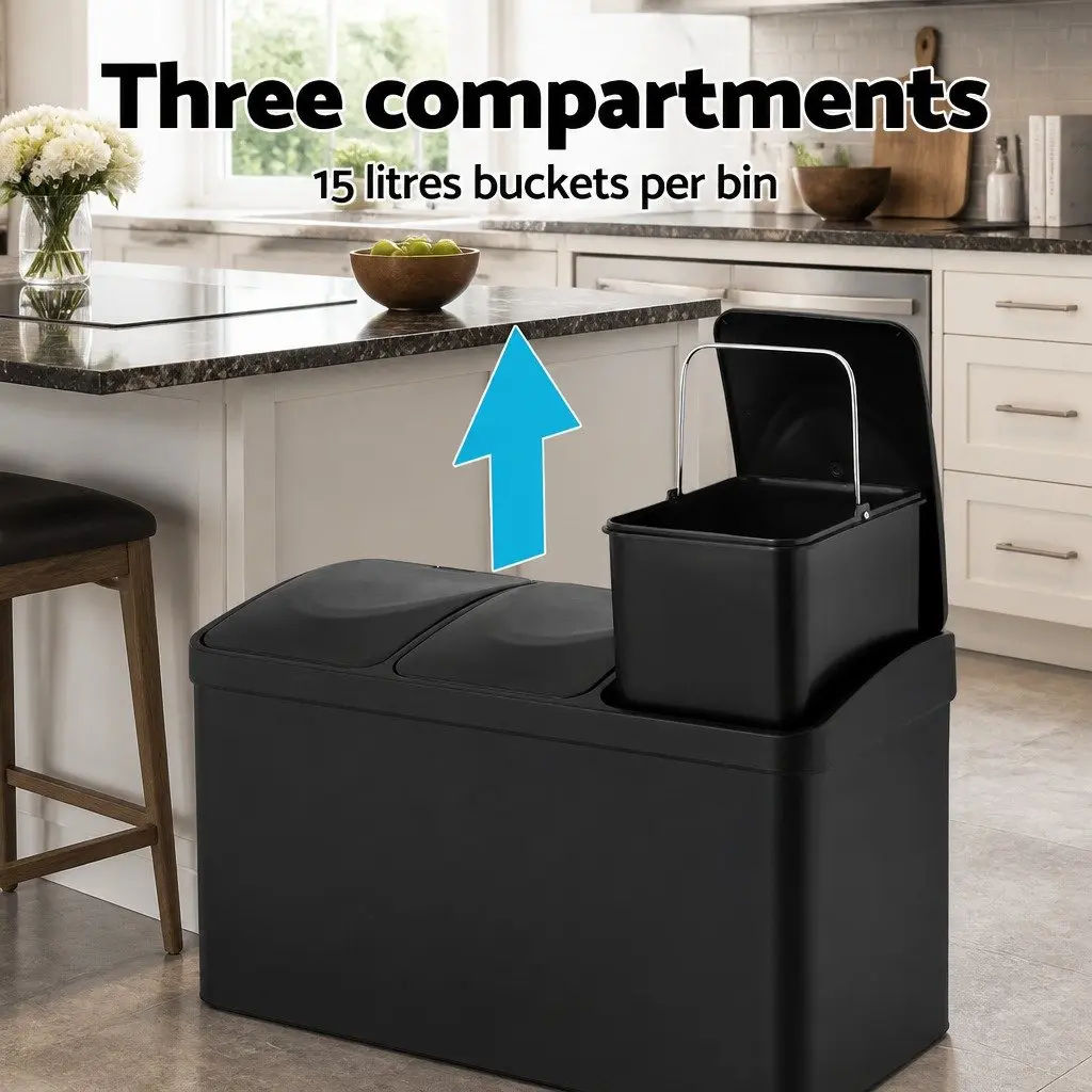 Pedal Bins Black 45L Triple Compartments Soft Close