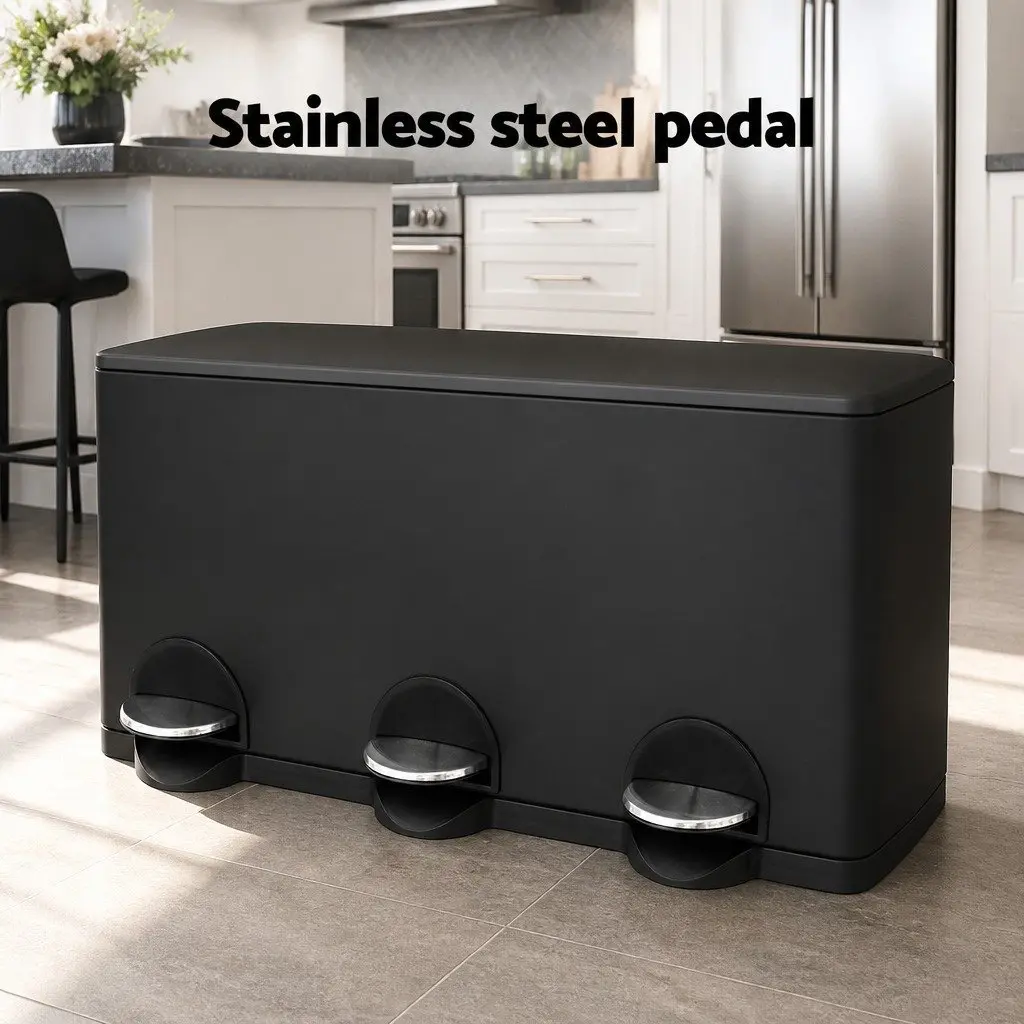 Pedal Bins Black 45L Triple Compartments Soft Close
