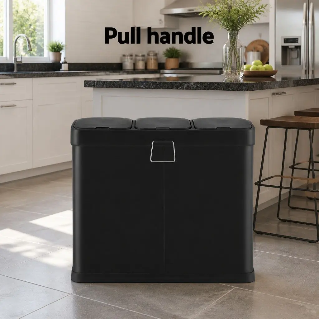 Pedal Bins Black 45L Triple Compartments Soft Close