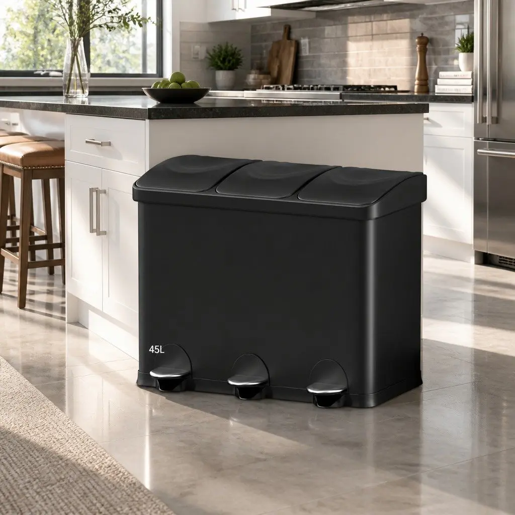 Pedal Bins Black 45L Triple Compartments Soft Close