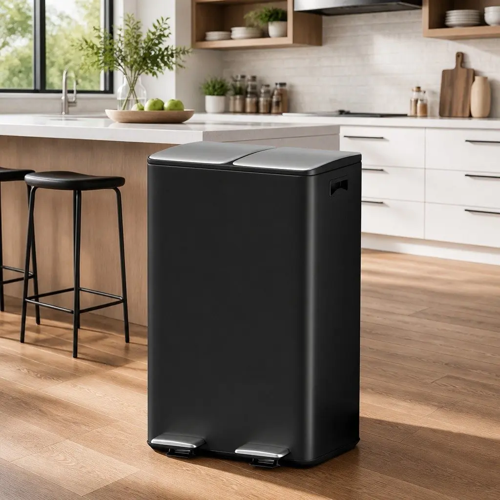 Pedal Bins Black 60L Dual Compartment Waste Rubbish Dustbin Recycling