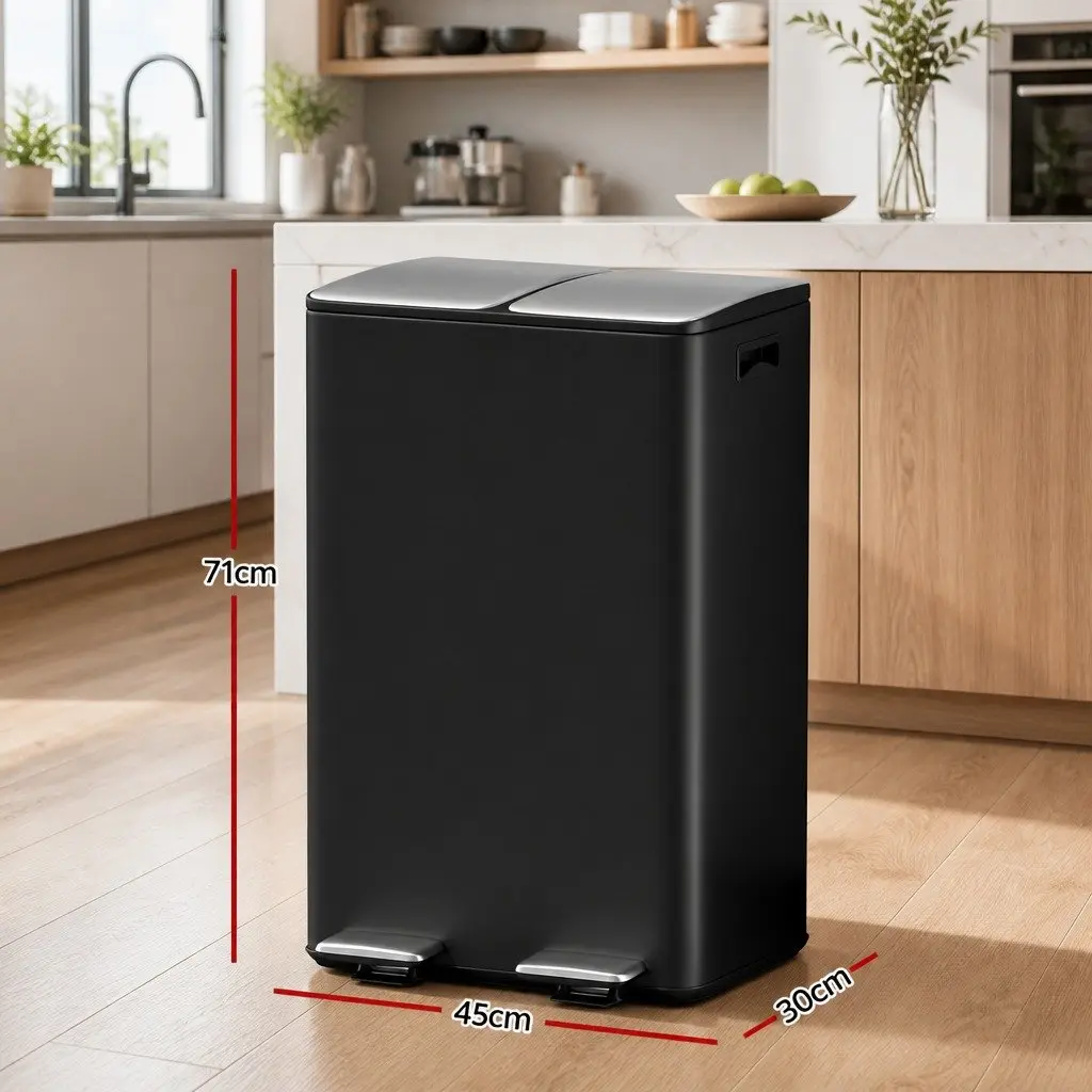 Pedal Bins Black 60L Dual Compartment Waste Rubbish Dustbin Recycling