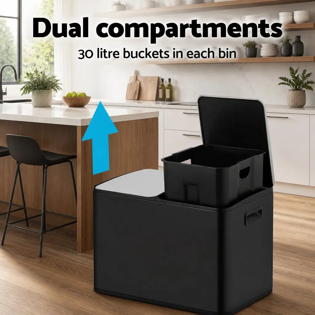 Pedal Bins Black 60L Dual Compartment Waste Rubbish Dustbin Recycling
