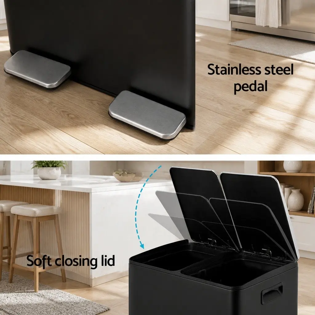 Pedal Bins Black 60L Dual Compartment Waste Rubbish Dustbin Recycling