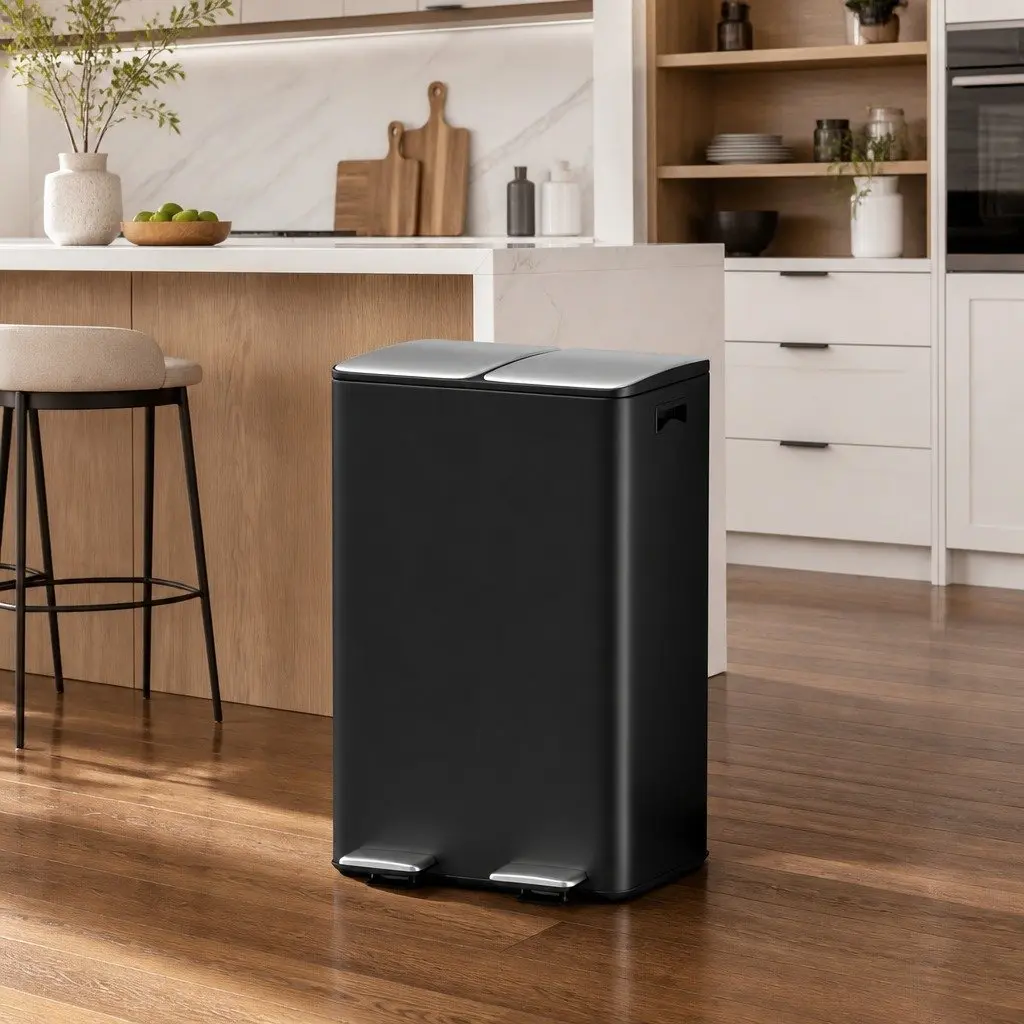 Pedal Bins Black 60L Dual Compartment Waste Rubbish Dustbin Recycling