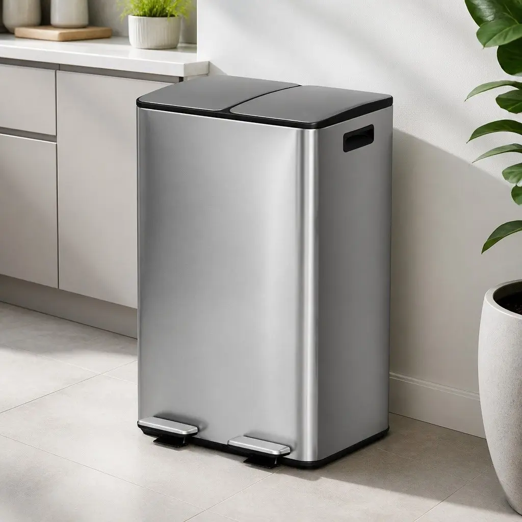 Pedal Bin Silver 60L Dual Compartment Waste Recycle Dustbin