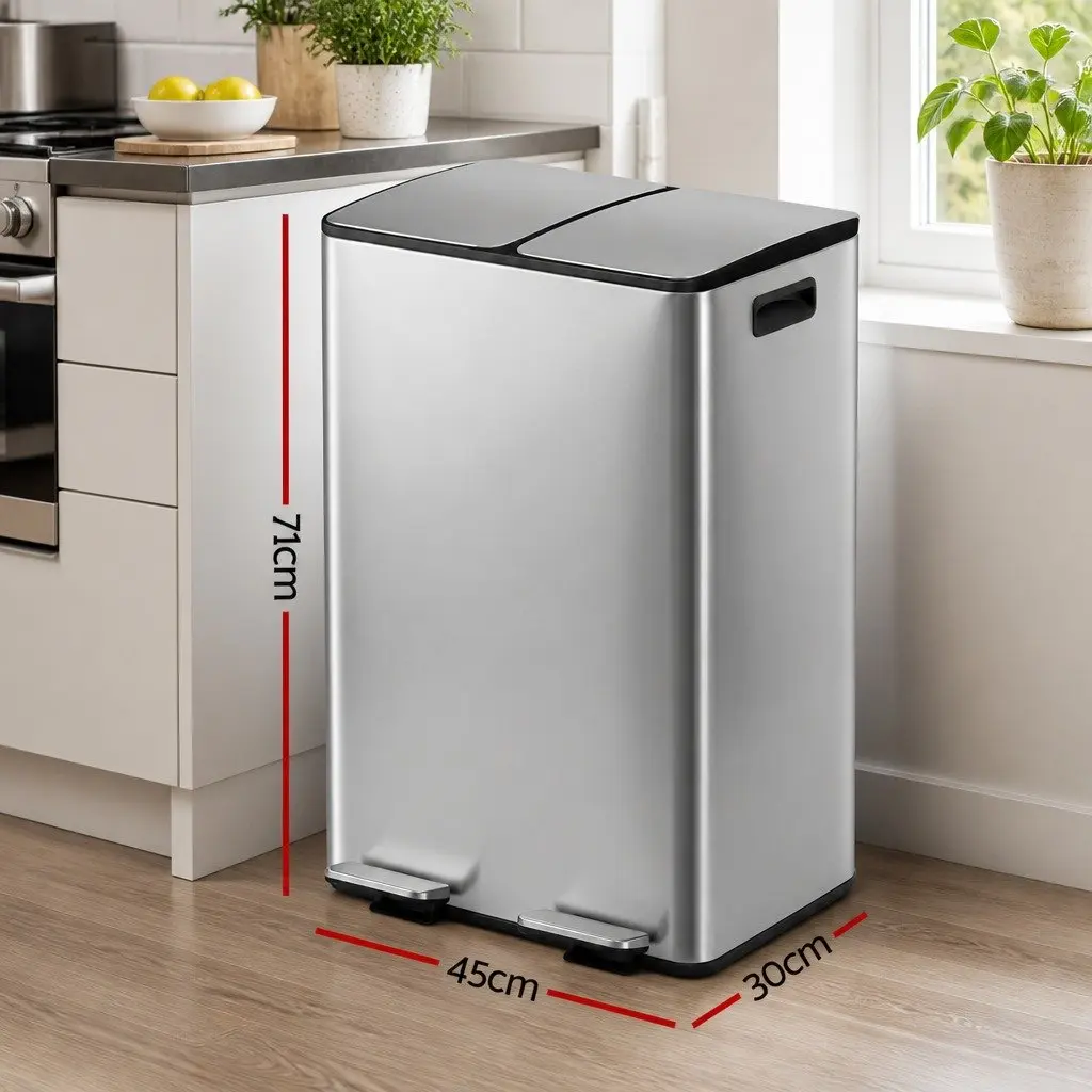 Pedal Bin Silver 60L Dual Compartment Waste Recycle Dustbin