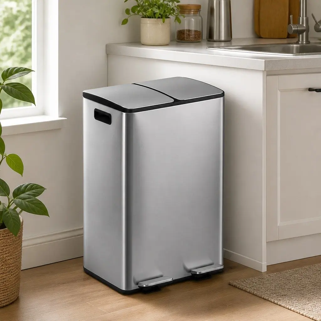 Pedal Bin Silver 60L Dual Compartment Waste Recycle Dustbin
