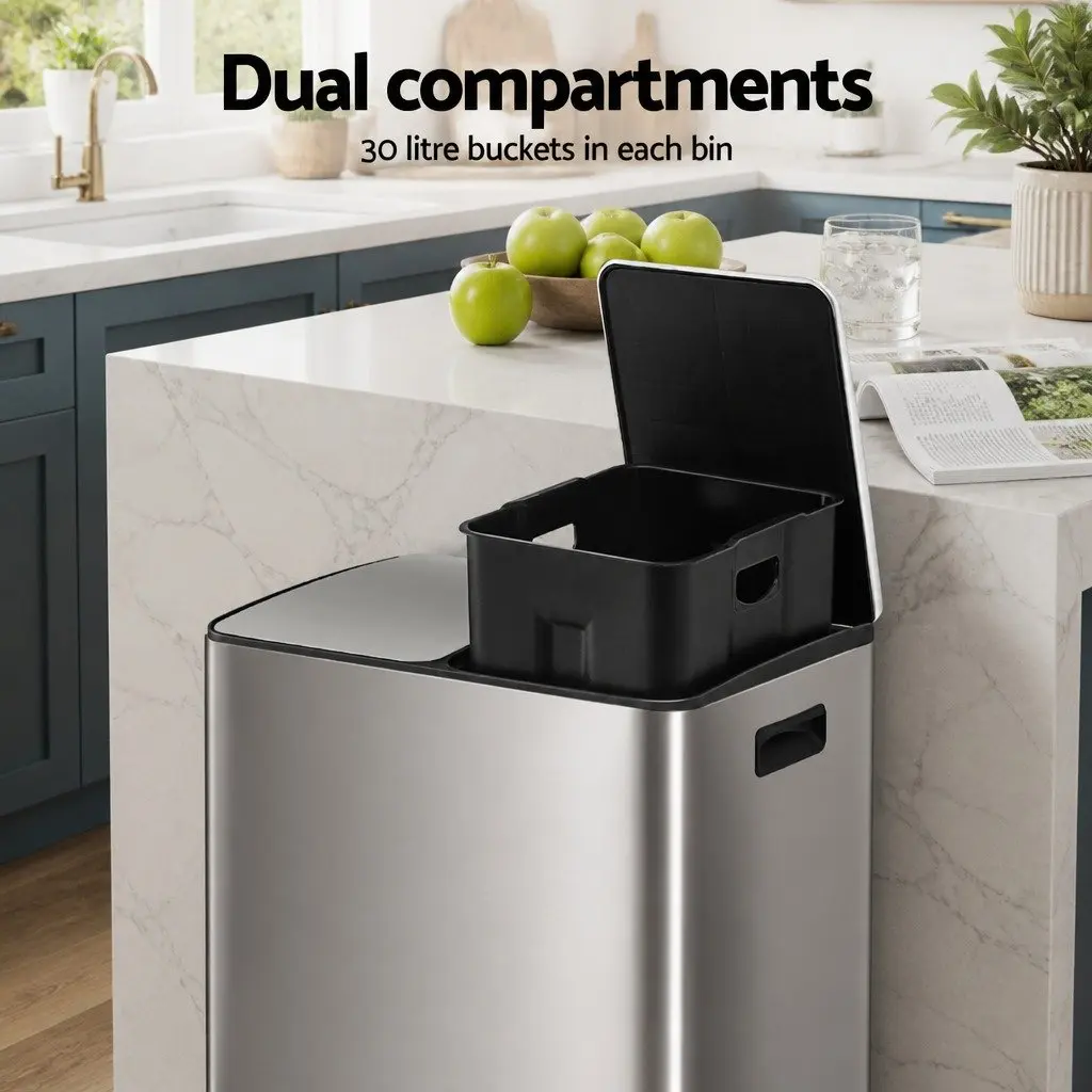 Pedal Bin Silver 60L Dual Compartment Waste Recycle Dustbin