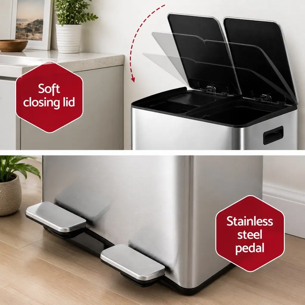 Pedal Bin Silver 60L Dual Compartment Waste Recycle Dustbin