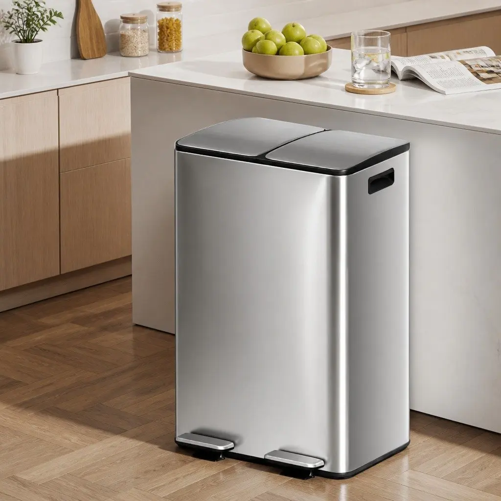 Pedal Bin Silver 60L Dual Compartment Waste Recycle Dustbin