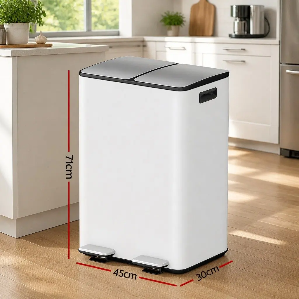 Pedal Bin Dual Compartment Waste Recycle Dustbin 60L White Kitchen Rubbish