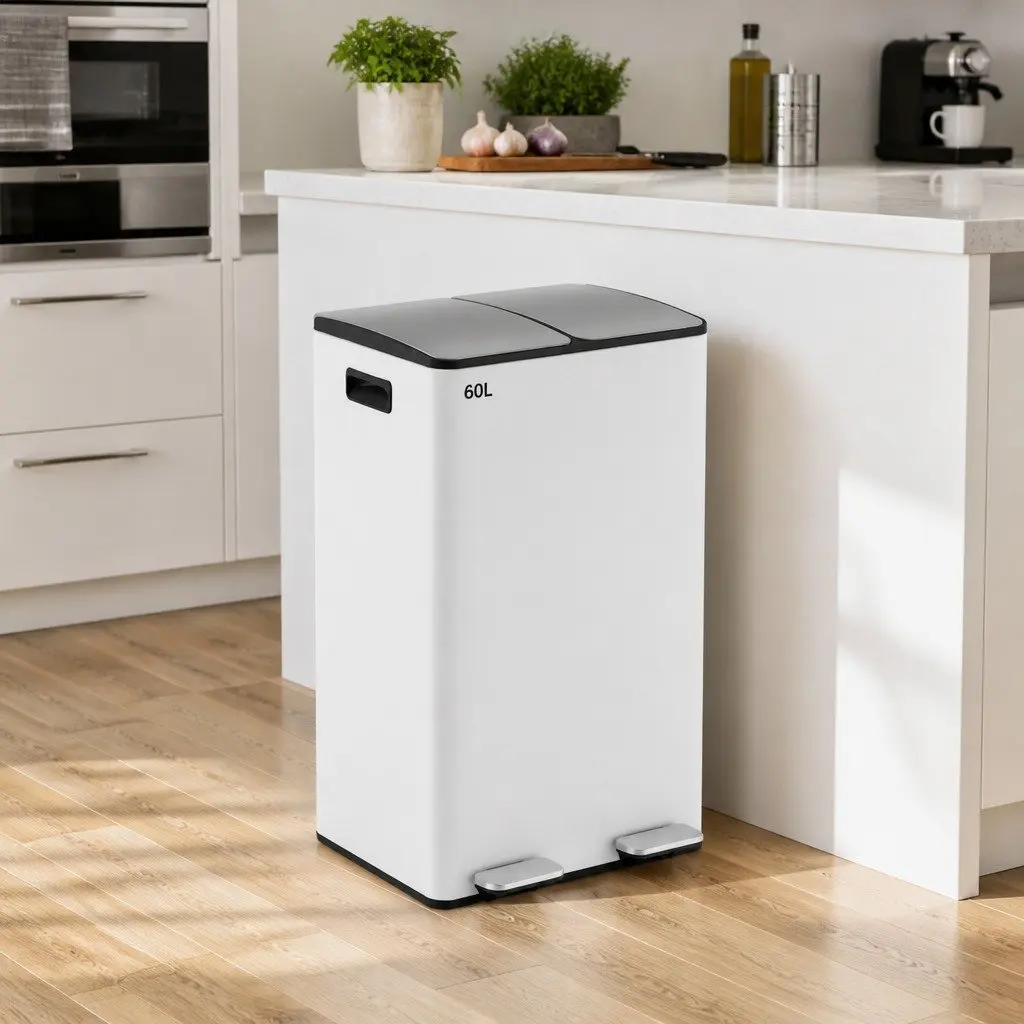 Pedal Bin Dual Compartment Waste Recycle Dustbin 60L White Kitchen Rubbish