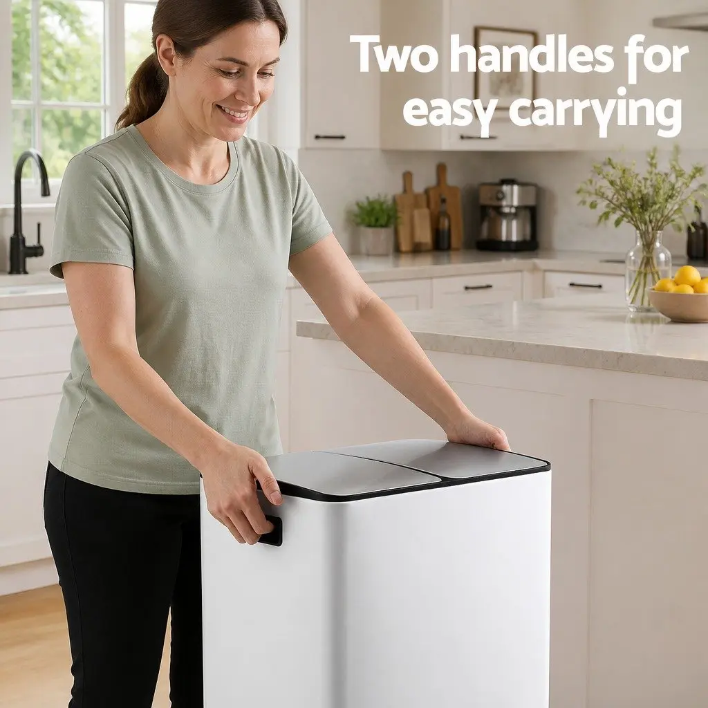 Pedal Bin Dual Compartment Waste Recycle Dustbin 60L White Kitchen Rubbish