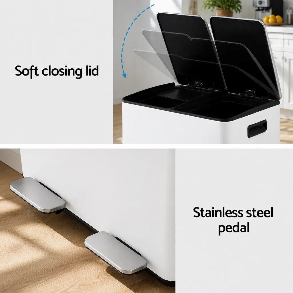 Pedal Bin Dual Compartment Waste Recycle Dustbin 60L White Kitchen Rubbish