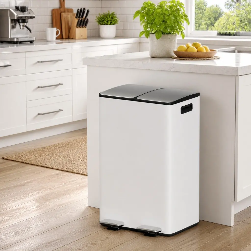 Pedal Bin Dual Compartment Waste Recycle Dustbin 60L White Kitchen Rubbish