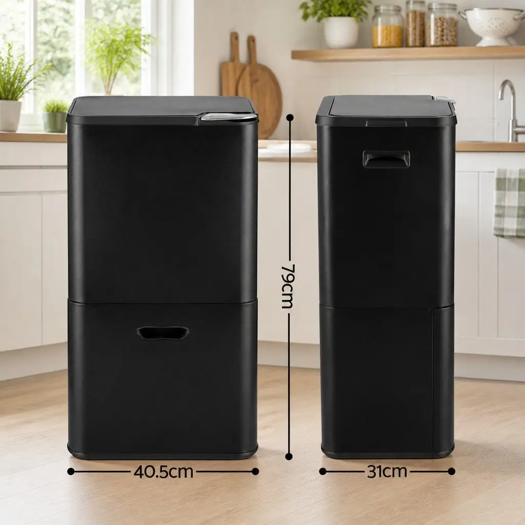 63L Pull Out Rubbish Bin 3 Compartment Split Door Trash Can Kitchen Black