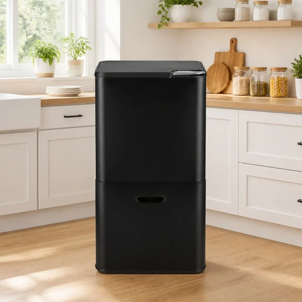 63L Pull Out Rubbish Bin 3 Compartment Split Door Trash Can Kitchen Black