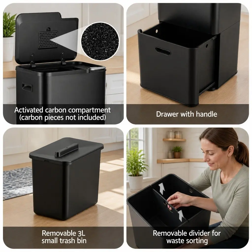 63L Pull Out Rubbish Bin 3 Compartment Split Door Trash Can Kitchen Black