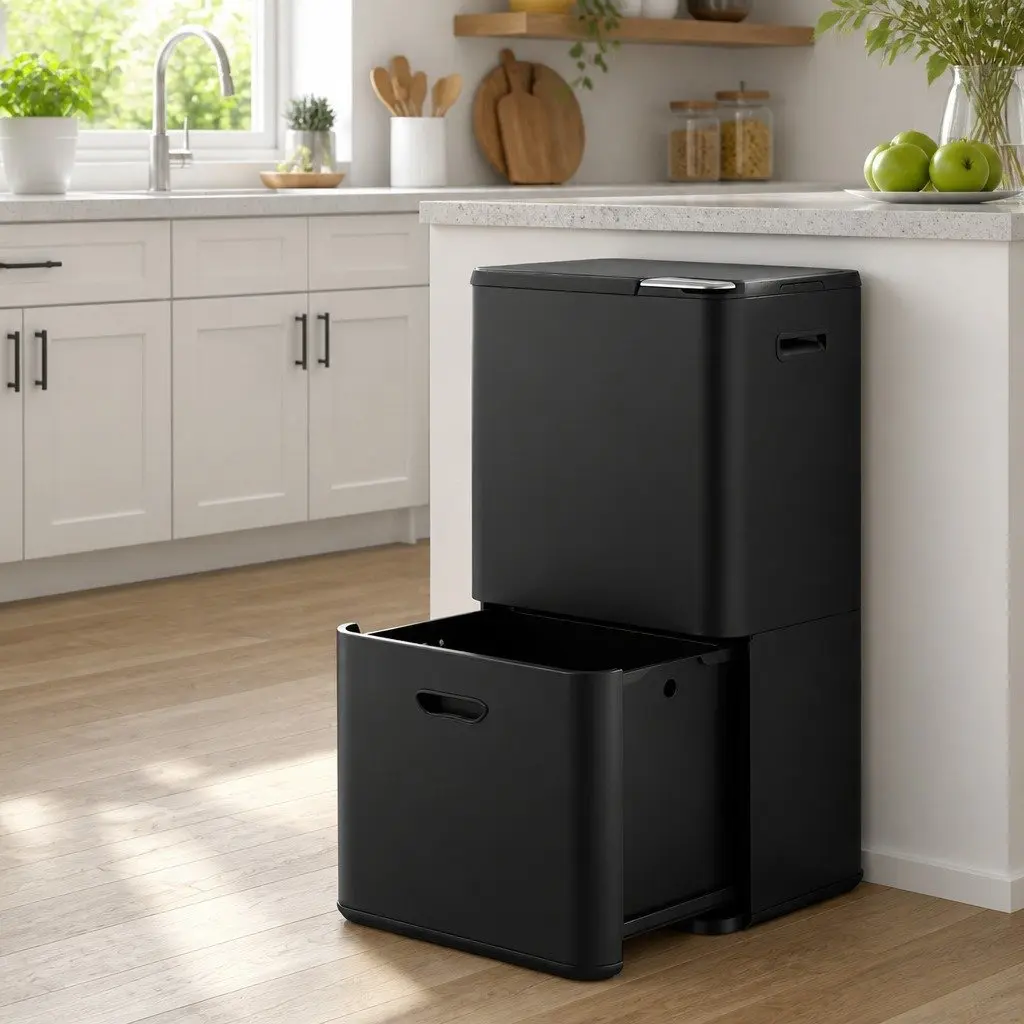 63L Pull Out Rubbish Bin 3 Compartment Split Door Trash Can Kitchen Black