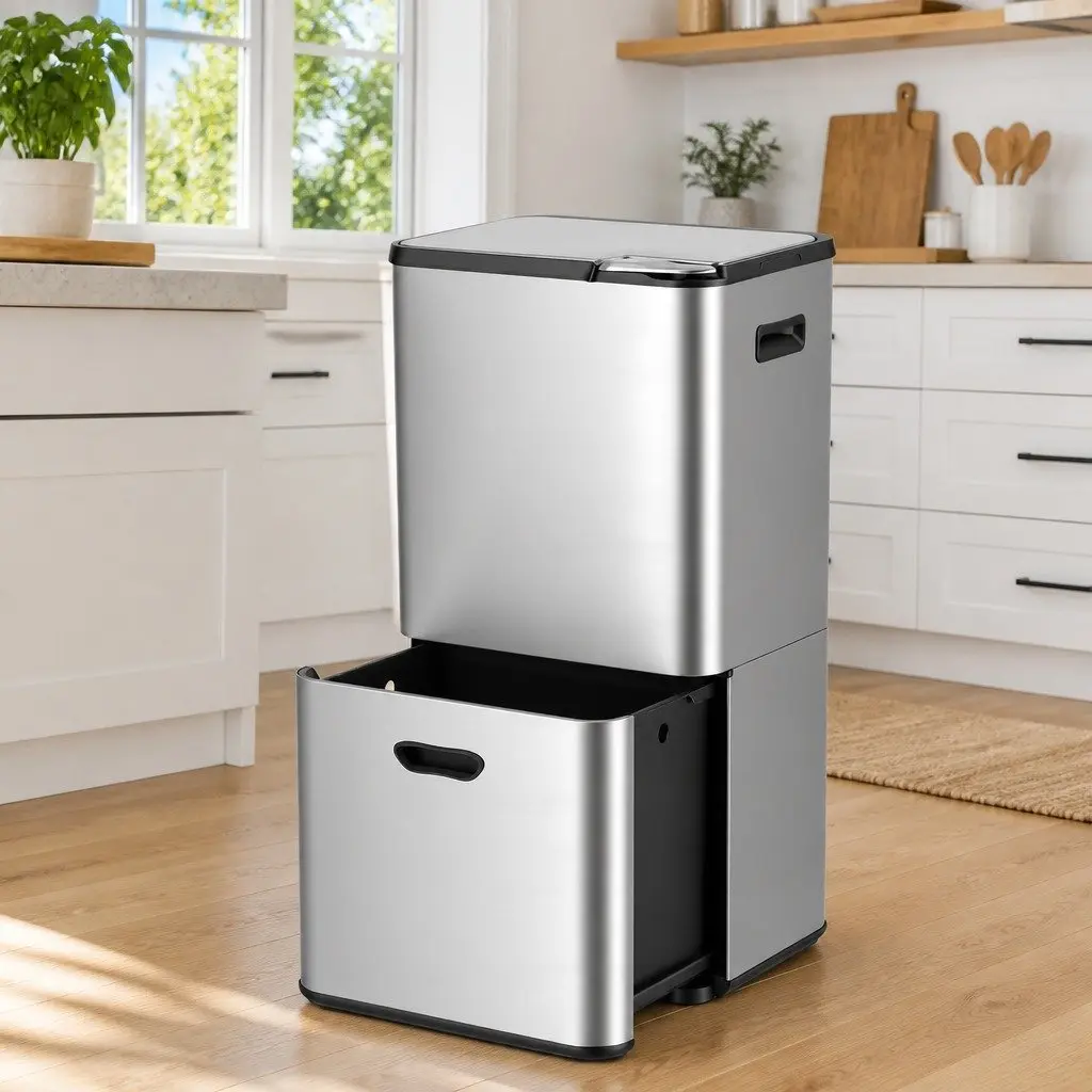Pull Out Rubbish Bin Silver 63L 3 Compartment Stainless Steel Split Door Trash Can