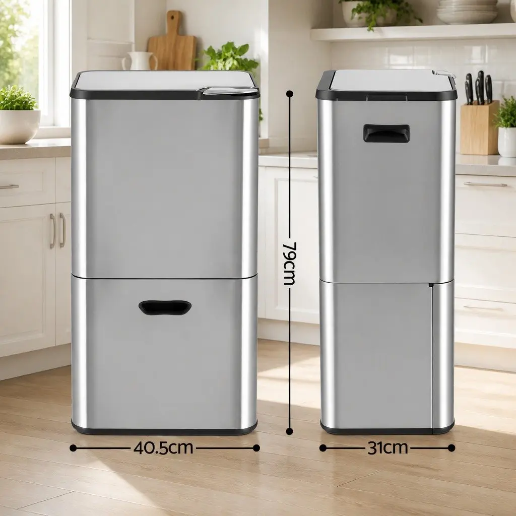 Pull Out Rubbish Bin Silver 63L 3 Compartment Stainless Steel Split Door Trash Can