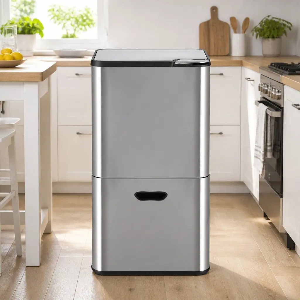 Pull Out Rubbish Bin Silver 63L 3 Compartment Stainless Steel Split Door Trash Can