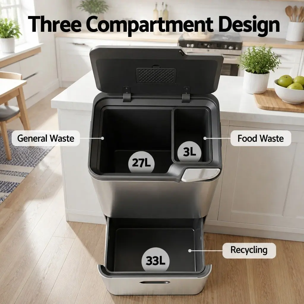 Pull Out Rubbish Bin Silver 63L 3 Compartment Stainless Steel Split Door Trash Can