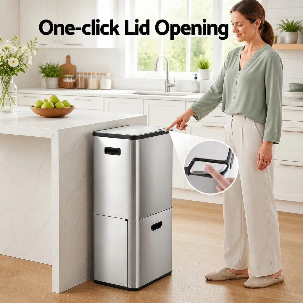 Pull Out Rubbish Bin Silver 63L 3 Compartment Stainless Steel Split Door Trash Can