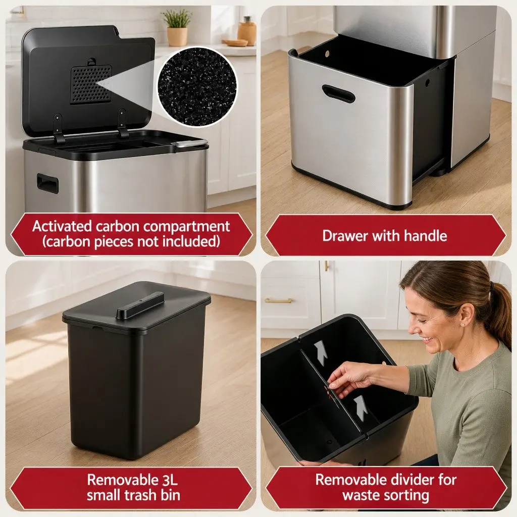 Pull Out Rubbish Bin Silver 63L 3 Compartment Stainless Steel Split Door Trash Can