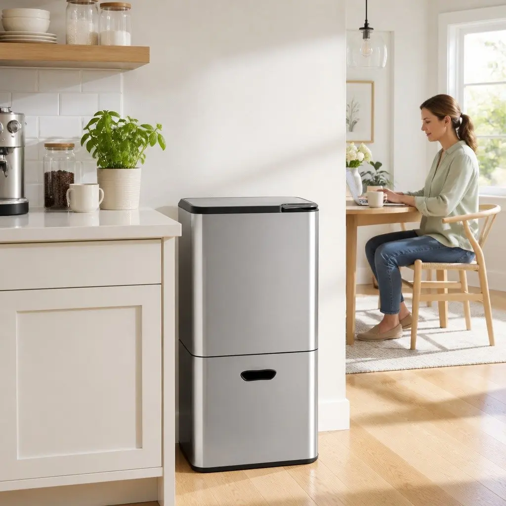 Pull Out Rubbish Bin Silver 63L 3 Compartment Stainless Steel Split Door Trash Can