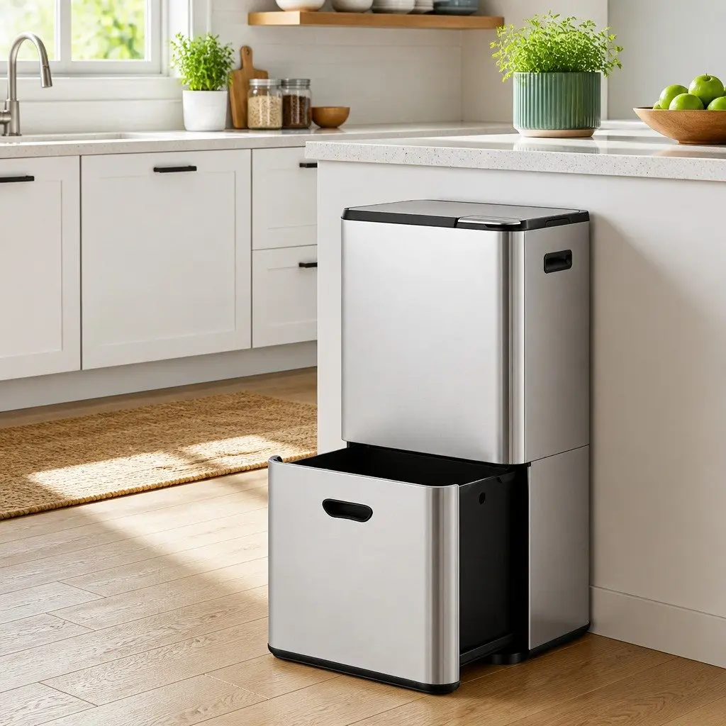 Pull Out Rubbish Bin Silver 63L 3 Compartment Stainless Steel Split Door Trash Can