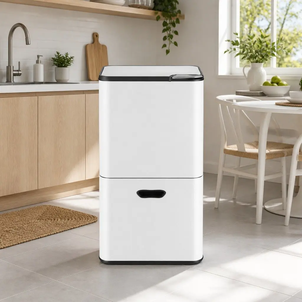 63L Pull Out Rubbish Bin 3 Compartment Split Door Trash Can Kitchen Organiser