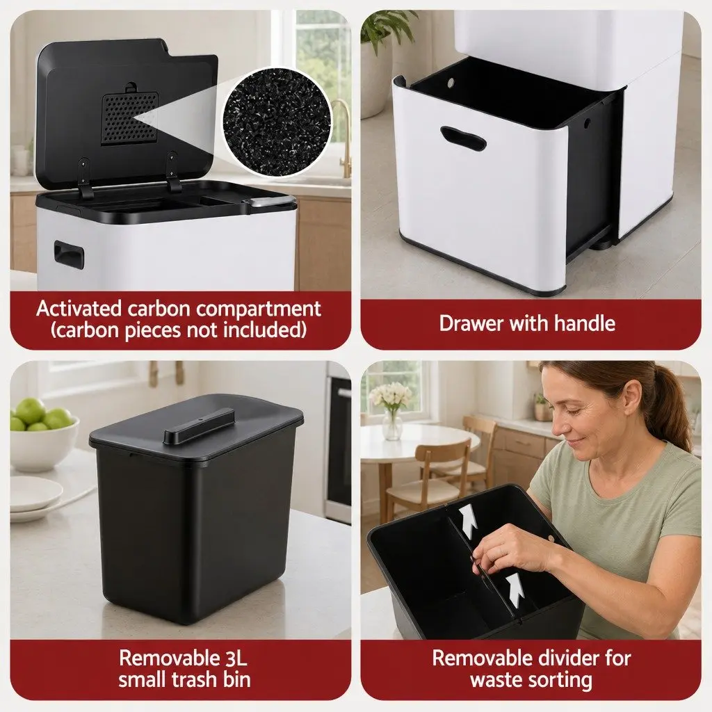 63L Pull Out Rubbish Bin 3 Compartment Split Door Trash Can Kitchen Organiser