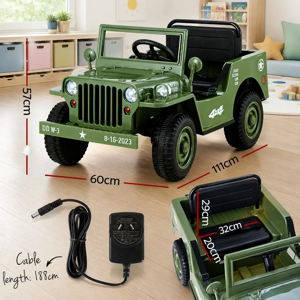 Kids Ride On Car Olive Green 12V Off-Road Jeep Toy Remote Control Keyless Start Interactive Dashboard